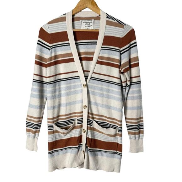 Abercrombie & Fitch Striped Cardigan Grandpacore Sweater Brown‎ Cream Blue, M - Picture 1 of 9